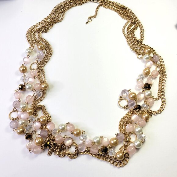 Multistrand Gold and Pink Beads Long Necklace - Picture 3 of 8
